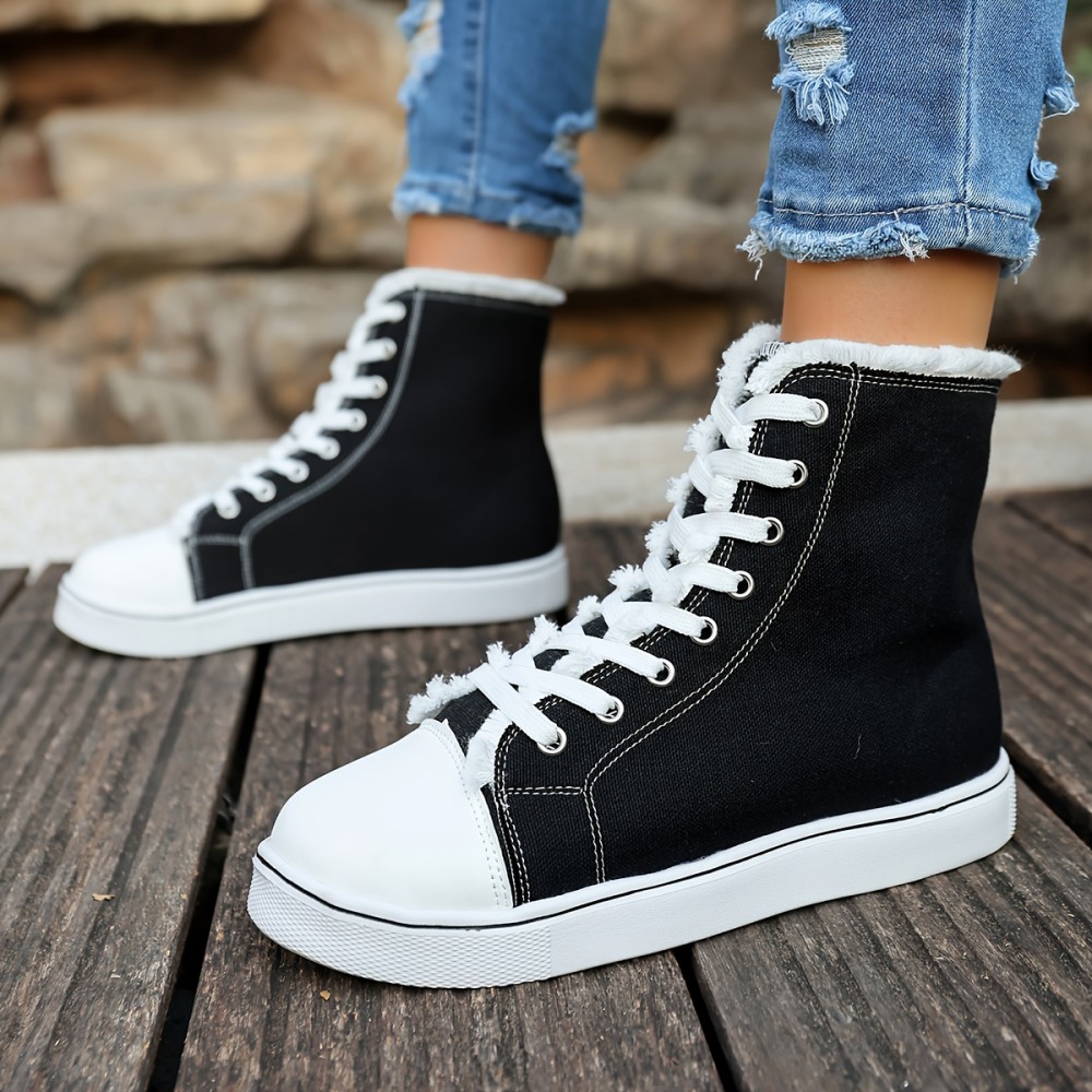 Women's High-Top Sneakers - 4 Colors (Black/White/Light Grey/Dark Brown) | Breathable Upper with Frayed Lace Edges | All-Season Round Toe Design | Cushioned PU Sole | Casual & Semi-Formal Wear | Hand Washable Everyday Shoes