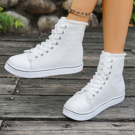 Women's High-Top Sneakers - 4 Colors (Black/White/Light Grey/Dark Brown) | Breathable Upper with Frayed Lace Edges | All-Season Round Toe Design | Cushioned PU Sole | Casual & Semi-Formal Wear | Hand Washable Everyday Shoes