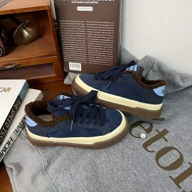 Women'S Fleece-Lined Warm Flat Skate Shoes, Lace-Up Snow Sports Shoes, Retro Minimalist Design, Low-Top Round Toe, Comfortable And Warm, Suitable for Daily Casual Wear in Autumn And Winter, Outdoor Hiking.