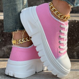 Round-Toed Thick-Soled Platform Shoes Paired with Lace-Up Solid Color Casual Sneakers