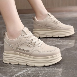 [Beige High-Top Sneakers] Beige Women's High-Top Lace-Up Casual Sneakers | Thick Platform Sole for Height Boost, Soft Synthetic Cover, Breathable Fabric Lining & Cushioned PVC Sole | Autumn Outdoor Comfort, Plus Sizes, Petite Women, Comfortable Walking, Minimalist Design, Durable Construction