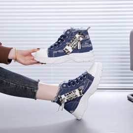 [Distressed High-Top Sneakers] Distressed High-Top Sneakers for Women | Fashion Casual Style, Thick Sole, Lace-Up Closure, All-Season Wear - Blue Jean Styl