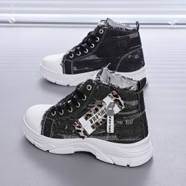 [Distressed High-Top Sneakers] Distressed High-Top Sneakers for Women | Fashion Casual Style, Thick Sole, Lace-Up Closure, All-Season Wear - Blue Jean Styl