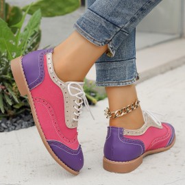 Women's Large Size Brogue Lace-Up Shoes - Vibrant Purple/Pink/Green/Black/Golden/Blue/Pinkish-Purple/Greenish-Purple, Round Toe Low-Top Ankle Boots with PU/PVC Sole, All-Season Casual & Formal Dress Shoes for Everyday & Special Occasions, Comfortable & Durable with EVA/Rubber Insole, PVC Lining, and Stylish Brogue Detailing for a Chic Look, Extra Wide Width Shoes for Women, Womens Casual Sneakers, Wide Fit Shoes for Women Plus Size, Coloured Sneakers for Women,