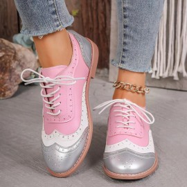 Women's Large Size Brogue Lace-Up Shoes - Vibrant Purple/Pink/Green/Black/Golden/Blue/Pinkish-Purple/Greenish-Purple, Round Toe Low-Top Ankle Boots with PU/PVC Sole, All-Season Casual & Formal Dress Shoes for Everyday & Special Occasions, Comfortable & Durable with EVA/Rubber Insole, PVC Lining, and Stylish Brogue Detailing for a Chic Look, Extra Wide Width Shoes for Women, Womens Casual Sneakers, Wide Fit Shoes for Women Plus Size, Coloured Sneakers for Women,
