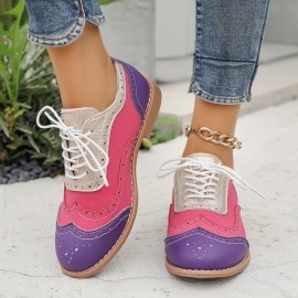 Women's Large Size Brogue Lace-Up Shoes - Vibrant Purple/Pink/Green/Black/Golden/Blue/Pinkish-Purple/Greenish-Purple, Round Toe Low-Top Ankle Boots with PU/PVC Sole, All-Season Casual & Formal Dress Shoes for Everyday & Special Occasions, Comfortable & Durable with EVA/Rubber Insole, PVC Lining, and Stylish Brogue Detailing for a Chic Look, Extra Wide Width Shoes for Women, Womens Casual Sneakers, Wide Fit Shoes for Women Plus Size, Coloured Sneakers for Women,