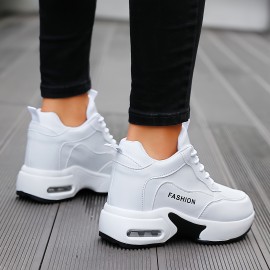 [White PU Sneakers] White PU Women's Sneakers | Breathable, Lace-Up, Low Top Athletic Shoes for Casual and Sporty Wear | Minimalist Design, Comfortable Footwear, Air Cushion Sole