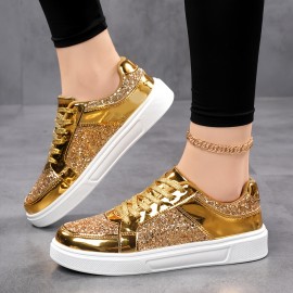 Women'S Glitter Golden Low-Top Sneakers - Lace-Up Casual Shoes with Sequin Detailing, PU Upper & EVA Sole, All-Season Comfort for Running, Travel & Daily Wear, Ladies Sneakers, Stylish Laceups, Durable Comfort