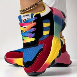 Women'S Bold Red to Gradient Sneakers - Lace-Up Low-Top Shoes with Thick Cushioned MD Sole, Breathable Fabric Upper - All-Season Everyday & Formal Shoes in Green, Yellow, Orange, Pink, Purple, Blue, Teal, - Non-Slip Outfit Staple for Women, Versatile Footwear, Vibrant Design, Comfortable Fit, Fashion Enthusiasts, Style Conscious Consumers, Small Clear Boxes & Packages, Clear And Transparent Boxes, Thick Cushioned Shoes, Multi Color Styles, Non
