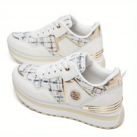 [Desai Women's Sneakers] Desai Women's Chic White & Golden Embellished Sneakers - PU & Fabric Upper, Thick Cushioned PVC Sole, Lace-Up Low-Top Casual Shoes for All-Season Comfort, Ladies Sneakers, Comfortable Footwear, Durable Footwear