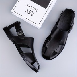 Men's Solid Color Close Toe Sandals, Comfy Non Slip Split Cow Leather Upper Rubber Sole Walking Shoes, Men's Summer Footwear