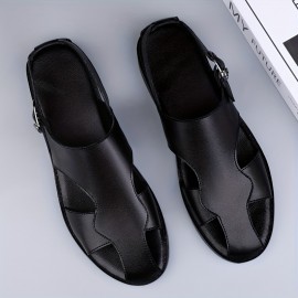 Men's Solid Color Close Toe Sandals, Comfy Non Slip Split Cow Leather Upper Rubber Sole Walking Shoes, Men's Summer Footwear