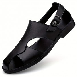Men's Solid Color Close Toe Sandals, Comfy Non Slip Split Cow Leather Upper Rubber Sole Walking Shoes, Men's Summer Footwear
