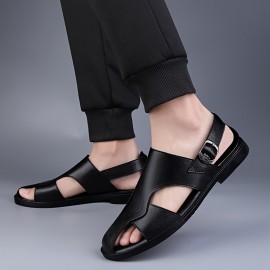 Men's Solid Color Close Toe Sandals, Comfy Non Slip Split Cow Leather Upper Rubber Sole Walking Shoes, Men's Summer Footwear