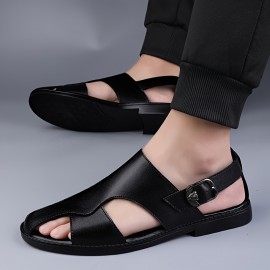 Men's Solid Color Close Toe Sandals, Comfy Non Slip Split Cow Leather Upper Rubber Sole Walking Shoes, Men's Summer Footwear