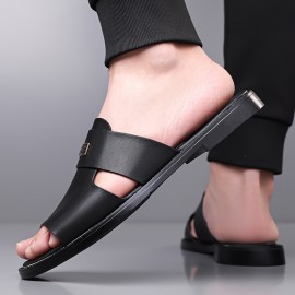 LL25222 Men's Stylish Black Slip-On Sandals - Super Fiber Synthetic, Round Toe, Rubber Sole, Summer Casual Comfort for Casual Attire