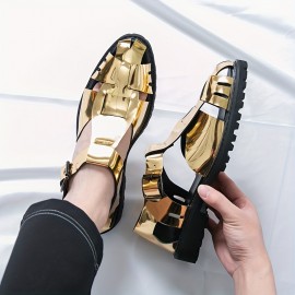 [Golden Dress Sandals] Metallic Golden Men's Business Casual Open-Toe Sandals | Adjustable Buckle Straps, Slip-On Synthetic Dress Shoes for Office, Semi-Formal & Streetwear - Breathable Rubber Sole, Summer Spring Formal Footwear