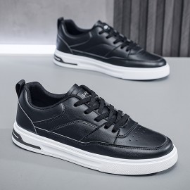 Men's Classic Low-Top Casual Sneakers - Black & White, Striped Design, Durable PU Material with Non-Slip Rubber Sole, Lace-Up Closure for Casual Attire, Street Style, and Outdoor Activities, Spring Summer, Simple Board Shoes