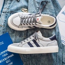 Men'S Summer Low-Top Casual Sneakers - White & Navy Blue Striped Design, Breathable Fabric Lining, Durable Faux Sole, Lace-Up Round Toe for Casual Attire, Streetwear Shoes | Stylish Stripes | Comfortable Fit