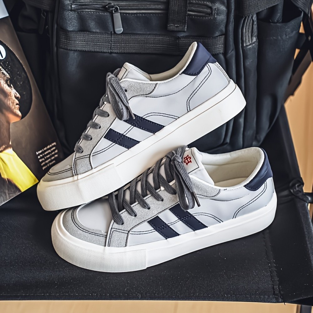 Men'S Summer Low-Top Casual Sneakers - White & Navy Blue Striped Design, Breathable Fabric Lining, Durable Faux Sole, Lace-Up Round Toe for Casual Attire, Streetwear Shoes | Stylish Stripes | Comfortable Fit