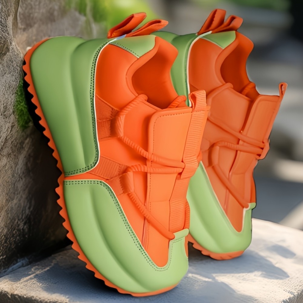 Men's Plus Size Breathable Mesh Sneakers - Lime Green & Orange Accents, Low-Top Lace-Up Casual Streetwear Shoes with Durable PVC Sole for All-Season Outdoor & Daily Wear, Fabric Interior Lining