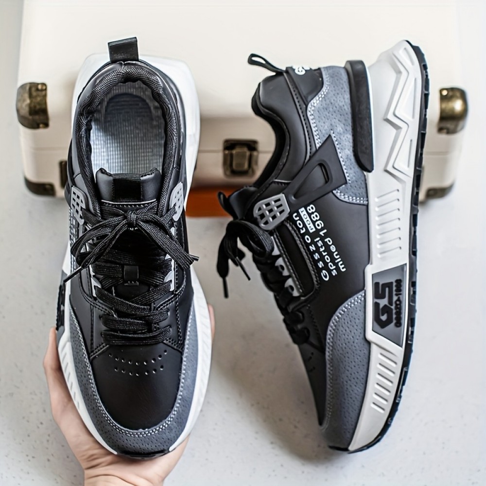 Men's Non-Slip Sneakers - Slip-Resistant Cushioned Platform, All-Terrain Traction for Gym, Running, Casual - Low-Top Sneakers Black/Gray/ - PU Upper & PVC Sole - Lace-Up Athletic Footwear, Outdoor Activities, Streetwear Style, Breathable Lining, Versatile Kicks, Fitness Enthusiasts