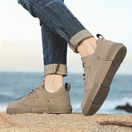 Men's Lace-Up Skate Shoes - Thick Cushioned Sole, Durable PU Upper & Rubber Outsole, All-Season Low-Top Casual Sneakers in Khaki for Outdoor & Daily Wear
