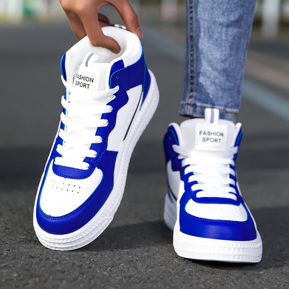 Unisex Mid-Top Sneakers - White & Blue accent, Lace-Up Closure, Cushioned MD Sole - All-Season Casual, Gym, Streetwear Shoes - Breathable Fabric Upper - for Men & Women - Everyday & Formal Events, Gym Footwear, Fashion Sporty Look, Comfortable Fit