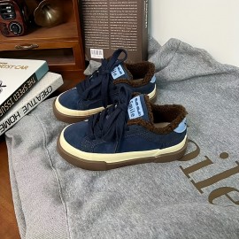 Women'S Fleece-Lined Warm Flat Skate Shoes, Lace-Up Snow Sports Shoes, Retro Minimalist Design, Low-Top Round Toe, Comfortable And Warm, Suitable for Daily Casual Wear in Autumn And Winter, Outdoor Hiking.