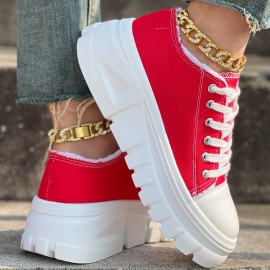 Round-Toed Thick-Soled Platform Shoes Paired with Lace-Up Solid Color Casual Sneakers