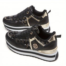[Desai Women's Sneakers] Desai Women's Chic White & Golden Embellished Sneakers - PU & Fabric Upper, Thick Cushioned PVC Sole, Lace-Up Low-Top Casual Shoes for All-Season Comfort, Ladies Sneakers, Comfortable Footwear, Durable Footwear