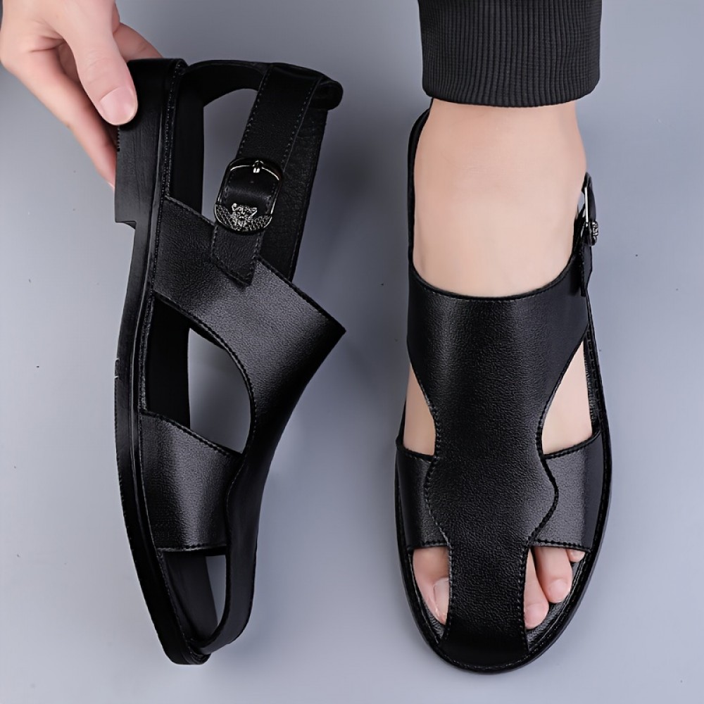 Men's Solid Color Close Toe Sandals, Comfy Non Slip Split Cow Leather Upper Rubber Sole Walking Shoes, Men's Summer Footwear