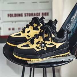 [Trendy Sneakers] Stylish Black & Yellow Men's Fashion Floral Contrast Sneakers | Low-Top Skate Shoes with Thick Lace-Up, Comfortable Rubber Sole for Casual and Outdoor Wear