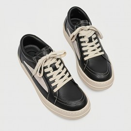 Men's Skate Shoes - Thick Platform Sole for Height Increase & Cushioned Grip - Black/Beige Colorway - PU Upper & Non-Slip Rubber Outsole - Lace-Up Low-Top Sneakers for Streetwear, Skateboarding, Gym, Everyday - All-Season Urban Fashion Shoes