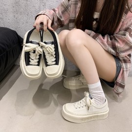 Women'S Chunky Platform Shoes - Low-Top Lace-Up Shoes with Cushioned Insole, Non-Slip Rubber Sole - Beige/White/Black/ - Everyday & Formal Outfits