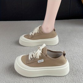 Women'S Casual Canvas Sneakers - Versatile Thick Sole, Round Toe, Lace-Up Design, Brown, All-Season Comfort Shoes, Comfortable Walking Shoes | Round Toe Sneakers | Durable Rubber Sole