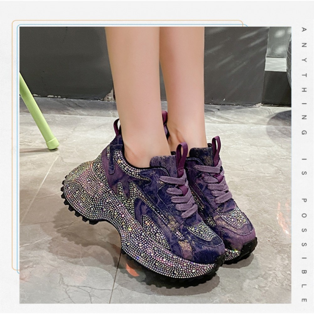 Women's Rhinestone-Encrusted -Style Chunky Platform Sneakers - Height-Increasing Thick-Soled Rhinestone-Toe & Heel, Round-Toe Casual s (Purple) | All-Season /PVC/Rubber for Parties, Prom, Casual Attire - No-Washable