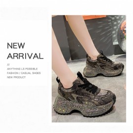 Women's Rhinestone-Encrusted -Style Chunky Platform Sneakers - Height-Increasing Thick-Soled Rhinestone-Toe & Heel, Round-Toe Casual s (Purple) | All-Season /PVC/Rubber for Parties, Prom, Casual Attire - No-Washable