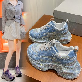 Women's Rhinestone-Encrusted -Style Chunky Platform Sneakers - Height-Increasing Thick-Soled Rhinestone-Toe & Heel, Round-Toe Casual s (Purple) | All-Season /PVC/Rubber for Parties, Prom, Casual Attire - No-Washable