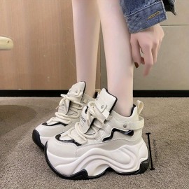 Women's Retro Chunky Platform Dad Sneakers - Lace-Up Low-Top Casual Shoes with Synthetic Cover Upper & Rubber Sole, All-Season Comfort for Casual Attire, Vintage Shoes, Sleek Shoe Design, Fabric Lined Interior