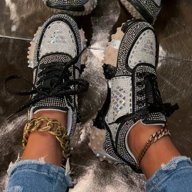 [Stylish Sneakers for Women] Stylish Women's Glittery Rhinestone-Embellished Low-Top Sneakers | Breathable PU Cover, Thick Cushioned Sole, Lace-Up Casual Shoes for All-Season Comfort, Ladies Sneakers, Comfortable Footwear, Durable Footwear