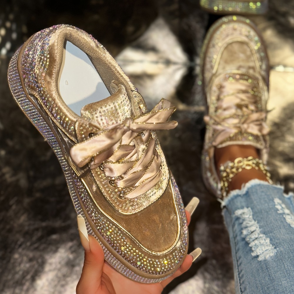Women'S Glittery Rhinestone-Embellished Chunky Platform Sneakers - Black & White Low-Top Lace-Up Shoes with Round Toe, All-Season Comfort for Casual & Outdoor Wear, Ladies Sneakers, Shoe/sneaker For Women/lady, Basket For Women