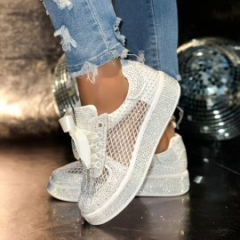 Women's Lace-up Sneakers with Rhinestone Embellishments, Low Top Breathable Walking Shoes Rubber Soft-Sole, Wide Fit Sneakers for Women, Sport Shoes for Women High Quality, Embellished Sneakers, Extra Wide Width Shoes for Women, Sparkly Shoes for Women, Casual Footwear, Everyday Sneakers, Stylish Sneakers, Trendy Footwear, Highquality Construction, Durable Rubber Sole, Women's Sneakers, Women's Fashion, Wide Feet Shoes