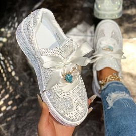 Women's Lace-up Sneakers with Rhinestone Embellishments, Low Top Breathable Walking Shoes Rubber Soft-Sole, Wide Fit Sneakers for Women, Sport Shoes for Women High Quality, Embellished Sneakers, Extra Wide Width Shoes for Women, Sparkly Shoes for Women, Casual Footwear, Everyday Sneakers, Stylish Sneakers, Trendy Footwear, Highquality Construction, Durable Rubber Sole, Women's Sneakers, Women's Fashion, Wide Feet Shoes