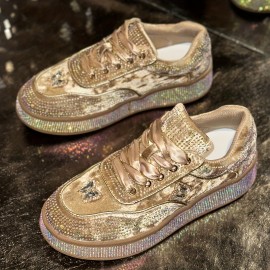 Women'S Glittery Low-Top Sneakers - All-Season Lace-Up Shoes with Sparkling Accents, Breathable Fabric Upper & Durable Rubber Sole for Casual Outdoor Wear, Ladies Sneakers