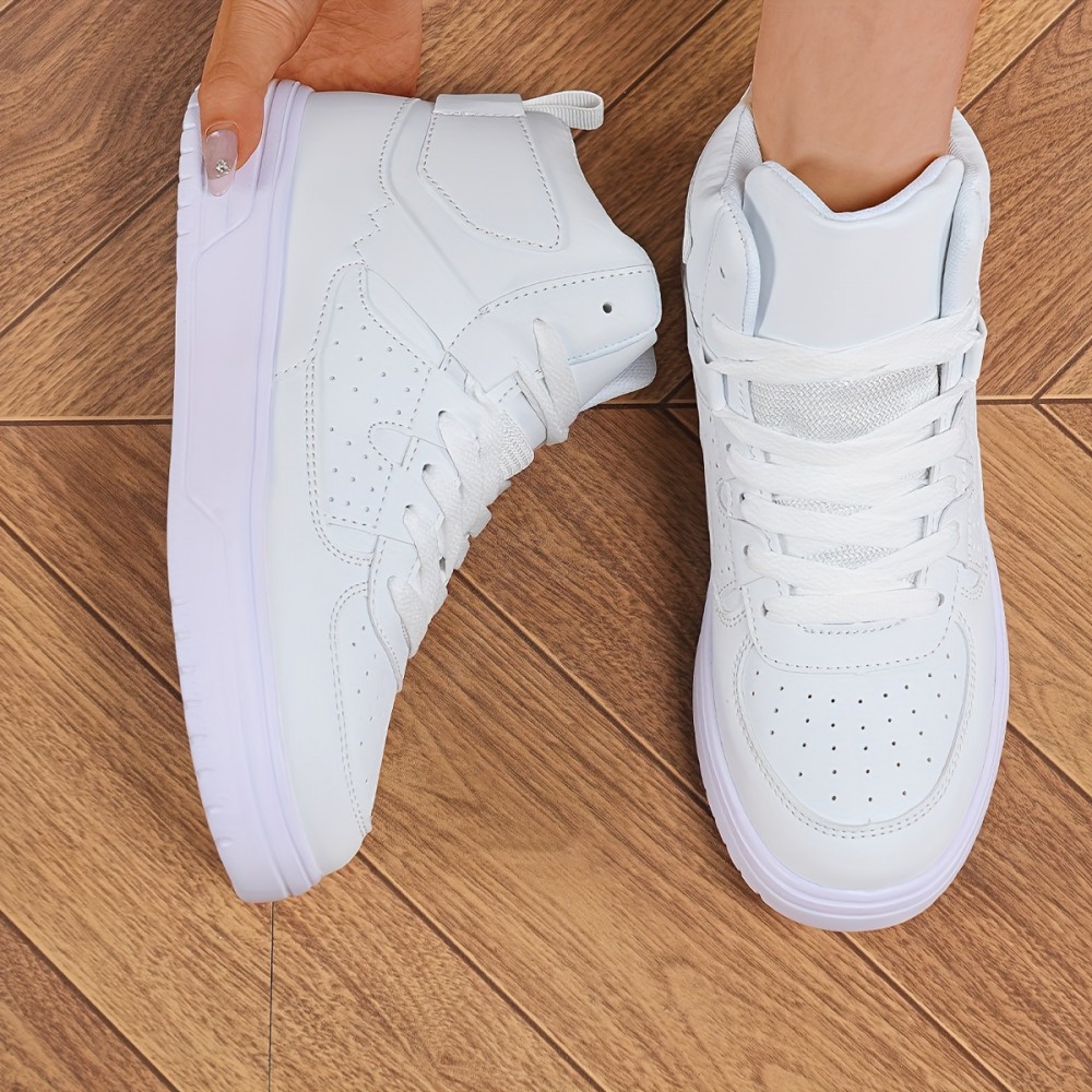 Women's White High-Top Sneakers - Glossy Synthetic Cover Upper, Arch Support & Cushioned EVA Sole, All-Season Round-Toe Lace-Up Ankle Boots for Casual, Office, Casual Attire - Comfortable & Versatile White Sneakers with White Laces, Minimalist White Design, All-Season Versatile Style, Ideal for Urban Commuting & Christmas Gifts (Hand Washable), Casual Footwear, Sleek Design, Breathable Fabric Lining, Durable Construction, Gift Shoppers, Office Professionals