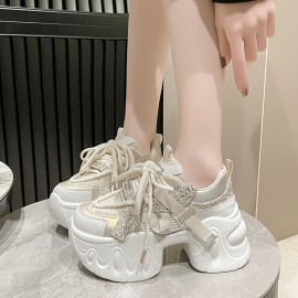 Light Purple Thick-Soled Sneakers with Glitter, Lace-Up Design, Fresh Sweet Style, Fashionable Versatile Casual Women's Shoes