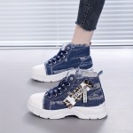 [Distressed High-Top Sneakers] Distressed High-Top Sneakers for Women | Fashion Casual Style, Thick Sole, Lace-Up Closure, All-Season Wear - Blue Jean Styl