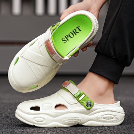 Men's Summer Slip-On Sandals with EVA Sole - Comfortable Beach Shoes for Driving & Casual Wear, White with Green Accents, Breathable Design, Easy On/Off, Durable & Stylish, Summer Sandals