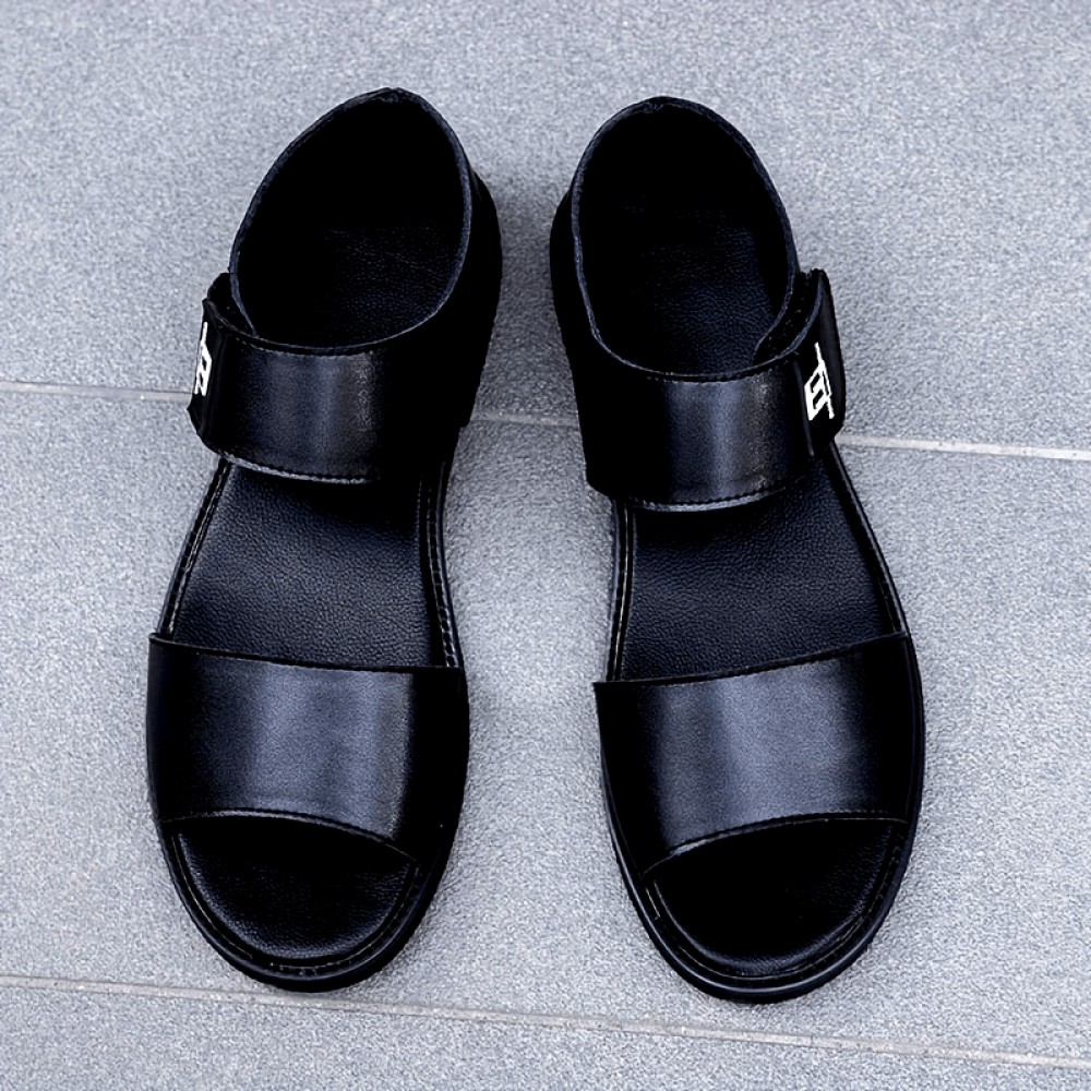 [Breathable Summer Sandals] Men's Genuine -like Strap (Second-Layer Cowhide) Adjustable Hook-and-Loop Sandals - Black Cushioned PU Insole & Non-Slip Rubber Sole - Breathable Summer Beach for Casual, Pool, Walking - Round-Toe Dress Sandals (No Laces)